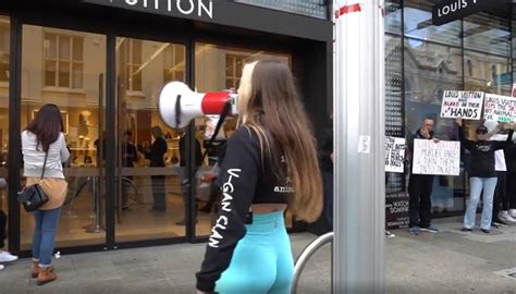 Vegan activist storms into Louis Vuitton smothered in own period 